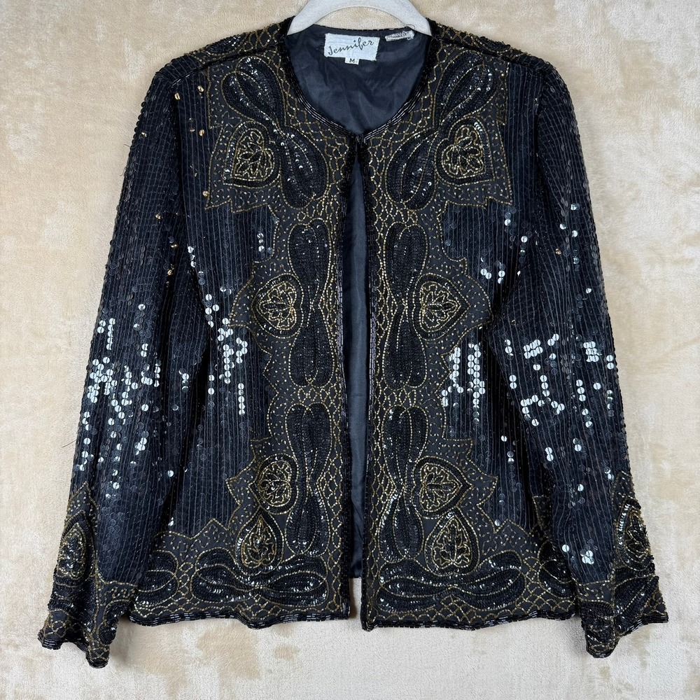 Jennifer Vintage Pure Silk Medium Beaded Sequin Jacket Black Gold Formal Evening